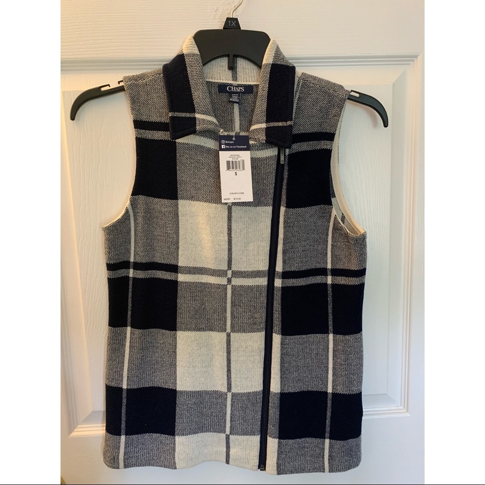 Chaps plaid knit vest zip up, size S